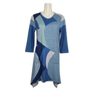 Papa Vancouver Blue Multi Pattern Tunic Top Patch Pockets V Neckline Size M